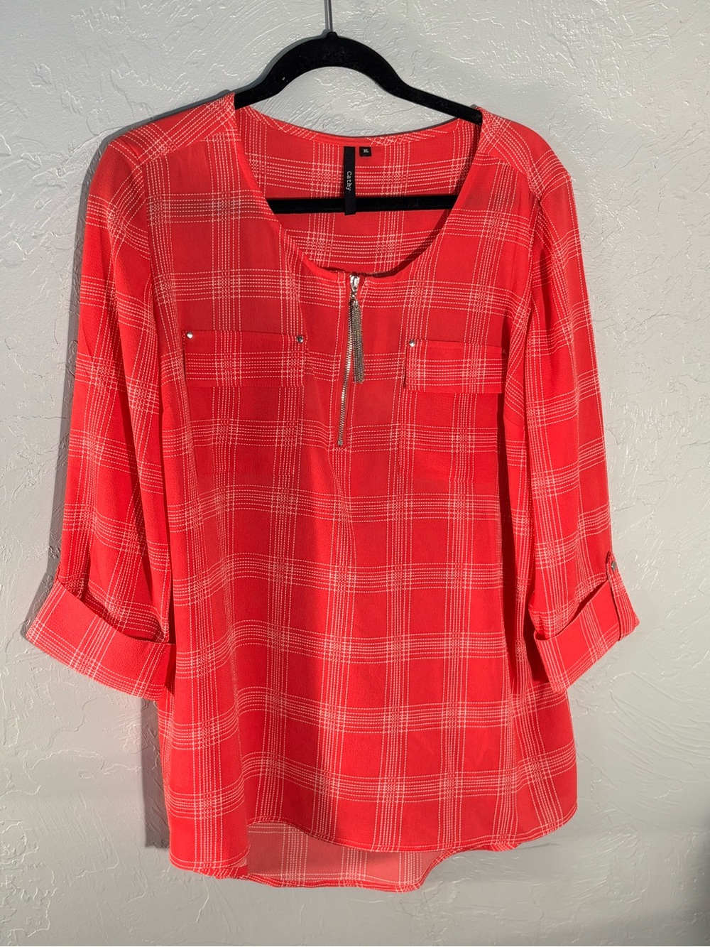 Bright Red Plaid Zip-Neck Blouse with Roll-Tab Sleeves